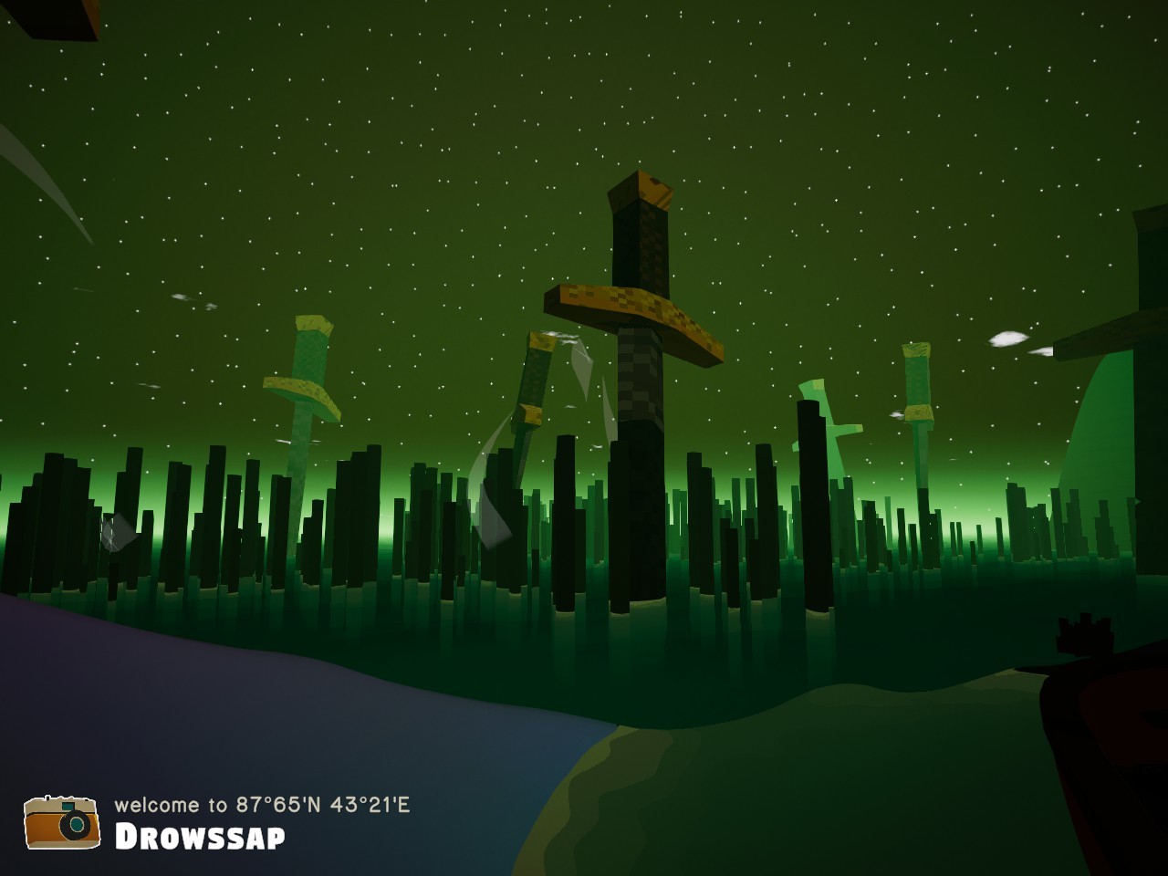 screenshot from shutter stroll - swords and strange pillars stand out from dark green water