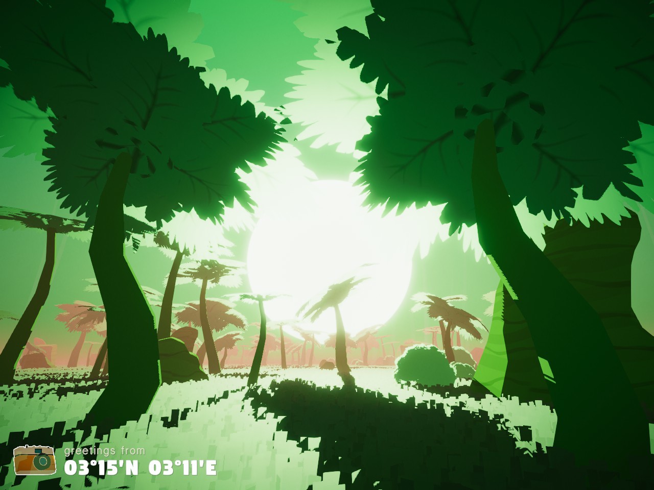screenshot from shutter stroll - sun shine between bright green palm trees in lime and salmon sky