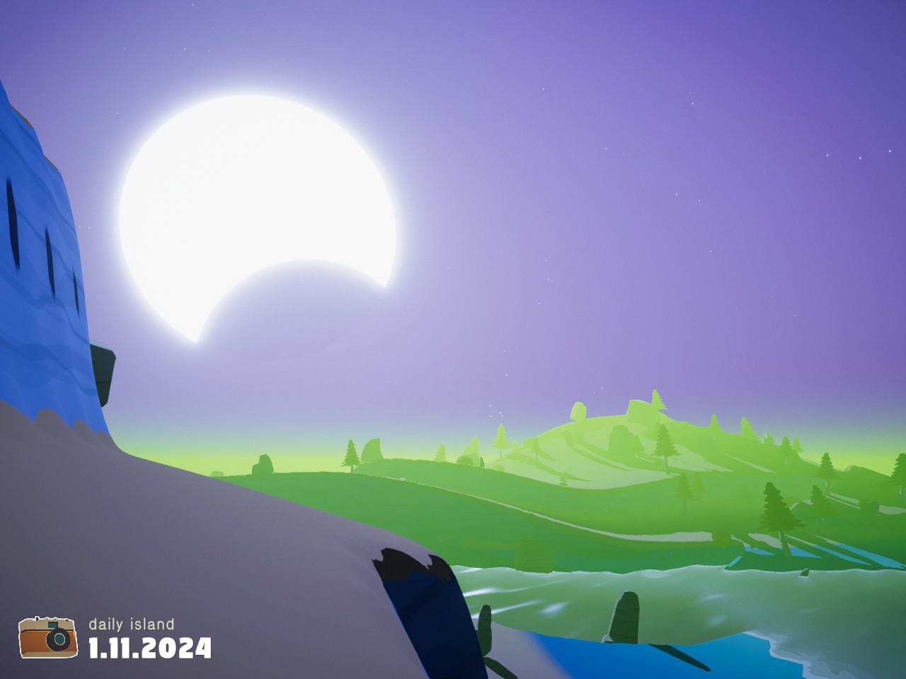 screenshot from shutter stroll - purple sky with large moon , and distant landmass cover by green fog