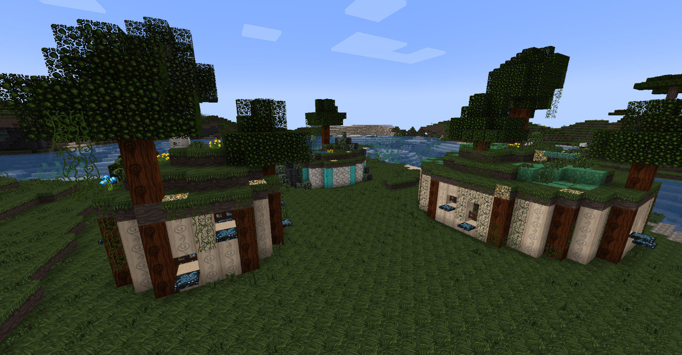 minecraft ~ faerie village screenshot from minecraft - 3 faerie like circular buildings with greenery on top