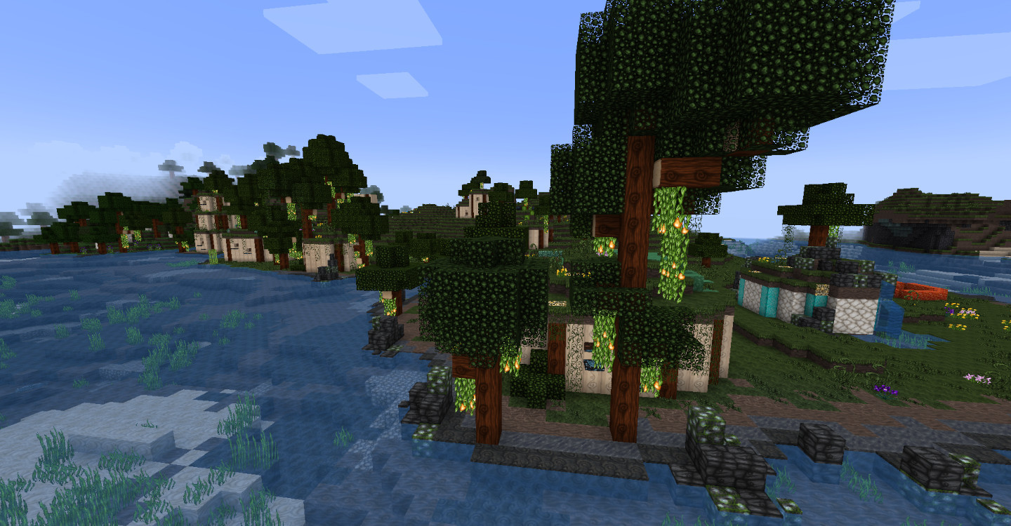 screenshot from minecraft - faerie village in progress, circular buildings, lots of greenery and trees on top, muddy shore line