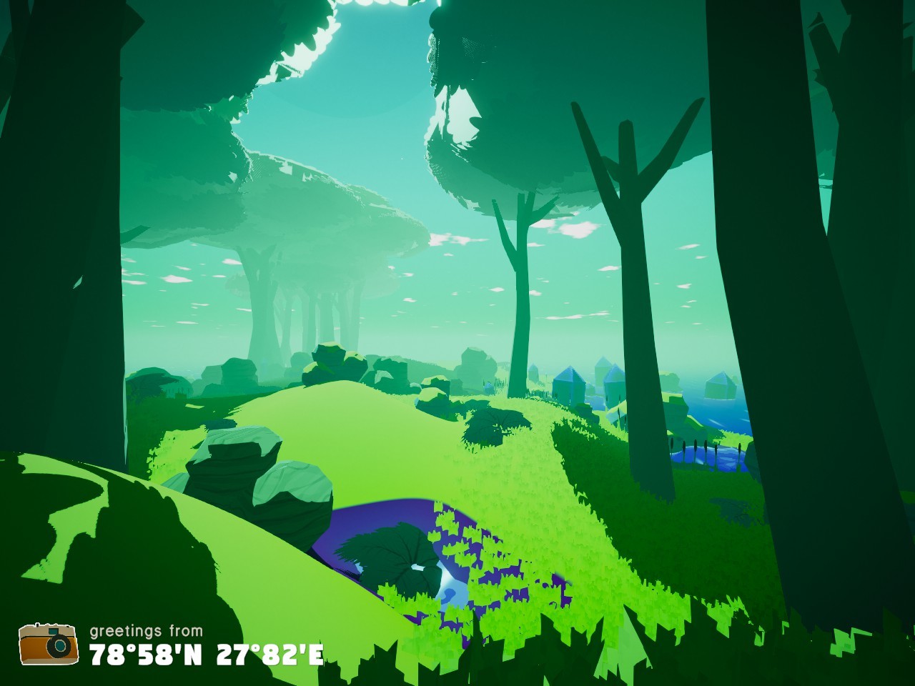 screenshot from shutter stroll - hills with bright green grass and blue crystals. tall trees. aqua blue sky