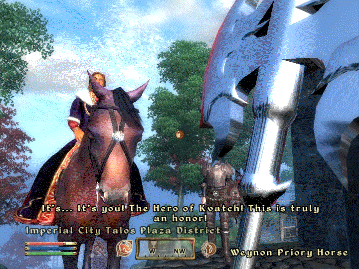 screenshot from the elder scrolls oblivion - guard say to player, "it's... it's you! the hero of kvatch! it's truly an honour!" while emperor-to-be martin septim is right there on horseback