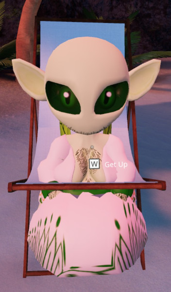 screenshot from vrchat - kossai in beach chair, however kossai is short enough to clip through chair, which now approximate high chair for babies