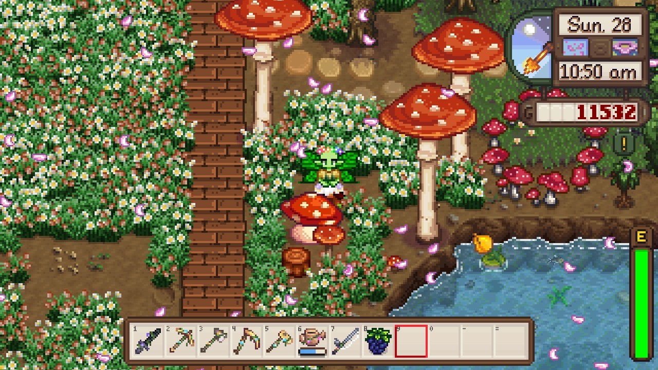 screenshot from stardew valley - kossai among grass and various mushroom furniture , as if faerie ring